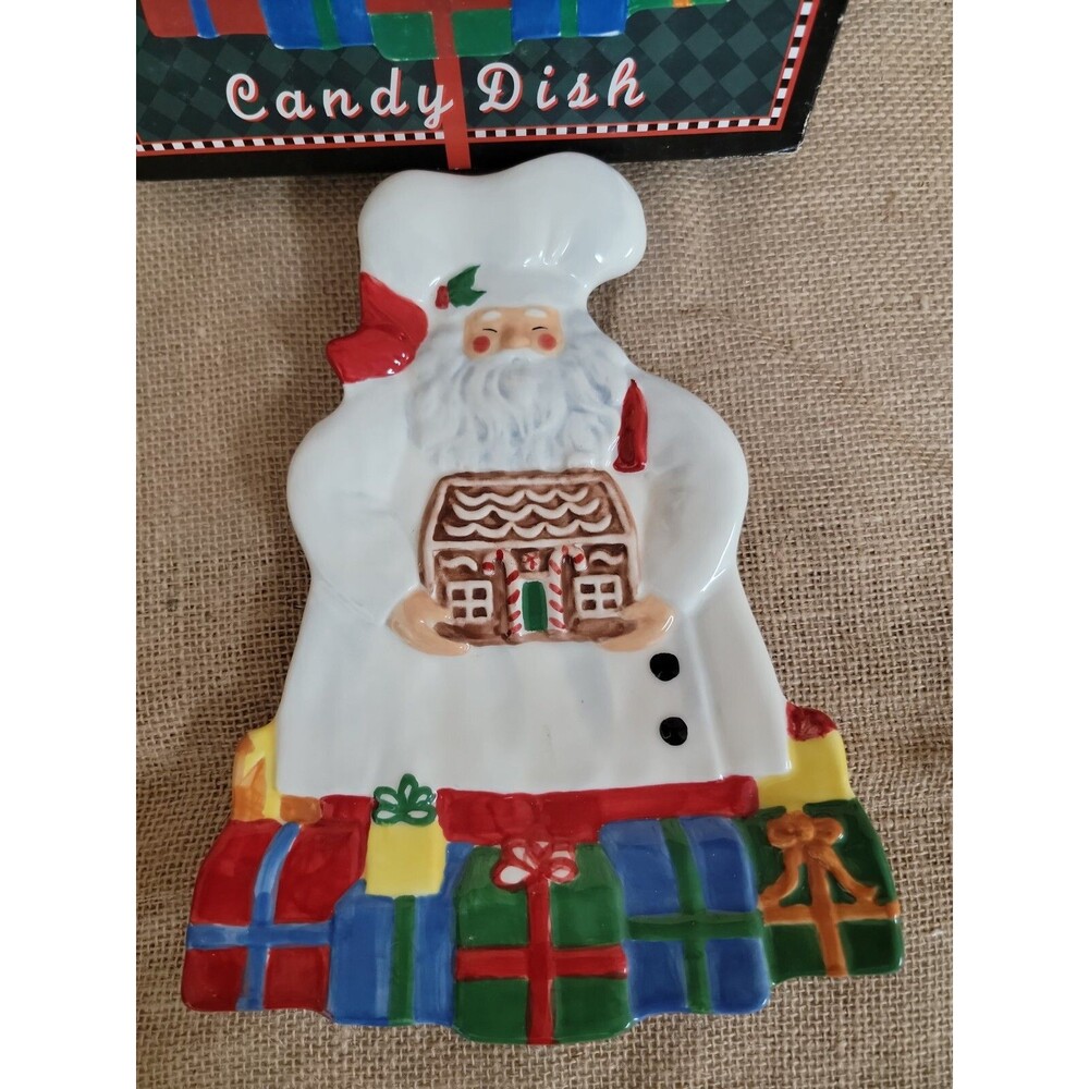 Gourmet Chef Santa With Gingerbread House Candy Dish With Box